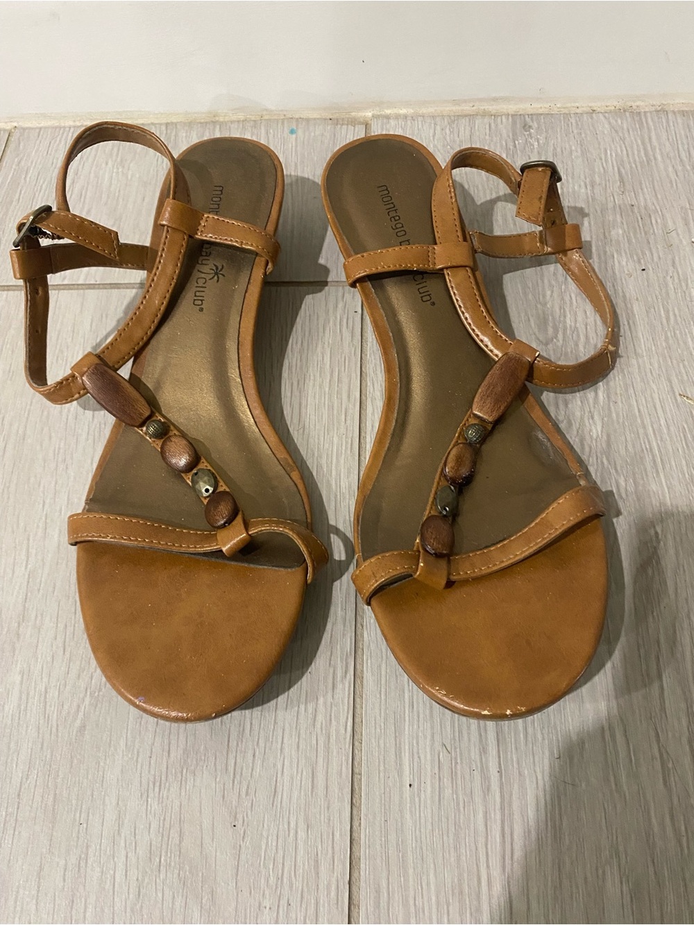 Montego Bay Club - Tan Beaded T-Strap Sandals - 8 1/2